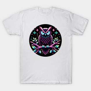 Neon Owl in Forest - Pixel Art Night Owl T-Shirt